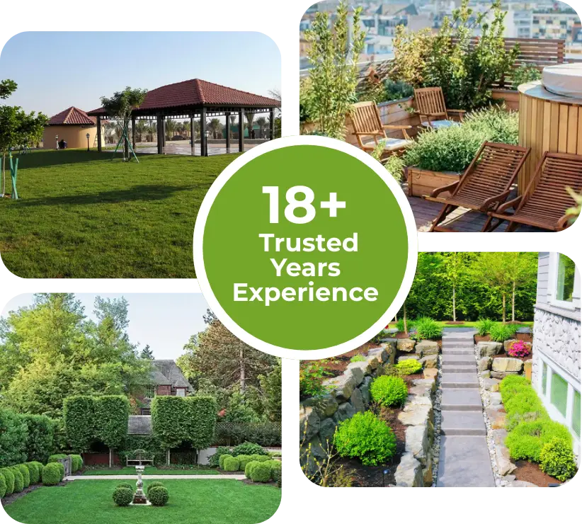 Landscaping project collage showing gardens and outdoor spaces with 18 plus years experience badge.