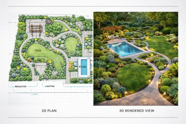 2D landscape design plan and 3D rendered view side by side, illustrating a well-planned garden layout with pool and lighting features.