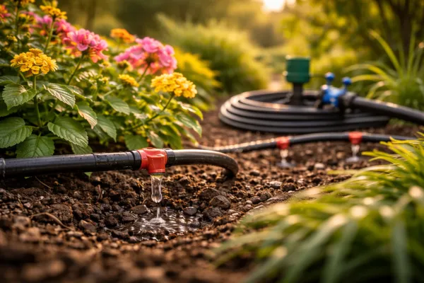 Drip irrigation tubing delivering water directly to soil near flowering plants in a landscaped garden.