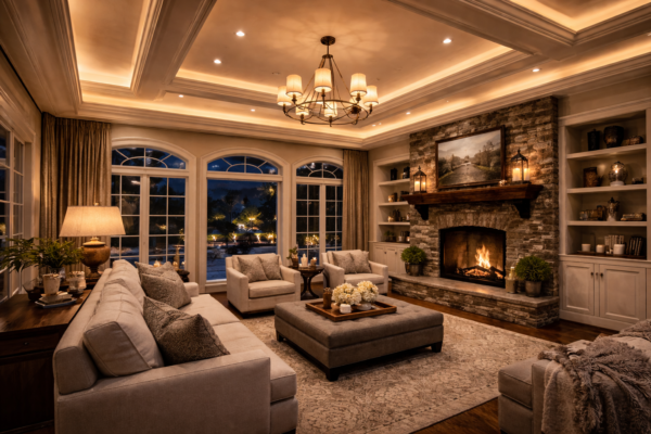 Luxury living room with false ceiling, cove lighting, chandelier, recessed lights, and a cozy fireplace creating a warm interior atmosphere.