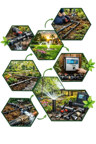 Hexagon collage showing irrigation pipe installation, sprinkler systems, water flow connections, and smart controller setup in landscaped gardens.
