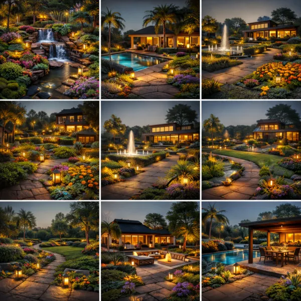 Public park at night with warm LED spotlights illuminating palm trees and a black traditional lamp post in the foreground.