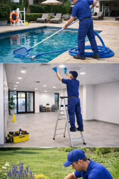 Maintenance worker cleaning a swimming pool, fixing ceiling lights on a ladder, and performing garden maintenance as part of all-in-one property services.
