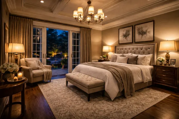 Luxury bedroom with warm ambient lighting, chandelier, bedside lamps, upholstered bed, and a calm, cozy nighttime atmosphere