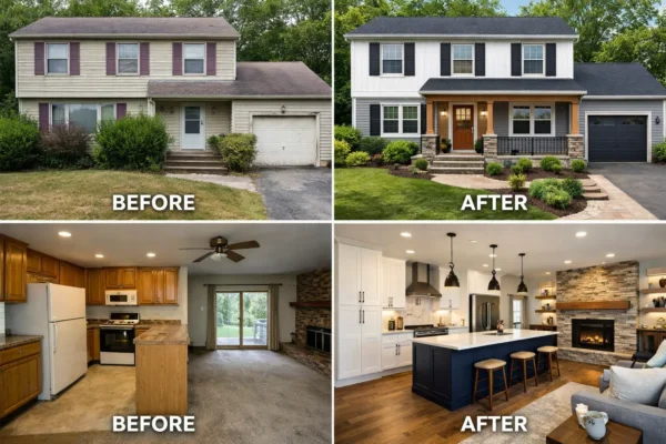 Before and after renovation images showcasing the transformation of a home's exterior and interior, including a modernized kitchen and enhanced curb appeal.