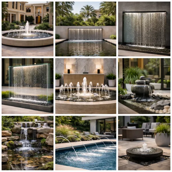 Collage of outdoor and indoor water features including fountains, waterfalls, glass wall features, and pool jets in residential spaces.