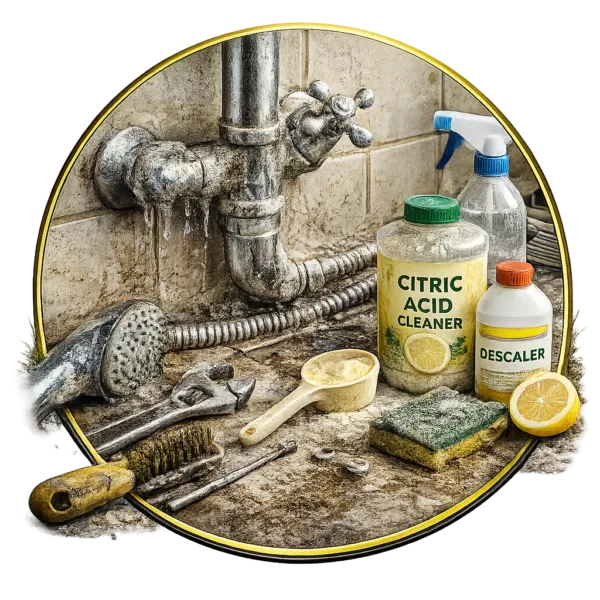Water pipe with heavy limescale buildup beside citric acid cleaner, descaler bottle, brush, and plumbing tools.