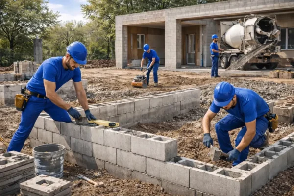Construction workers laying foundation blocks, using tools and machinery to build the base structure of a building on a construction site.