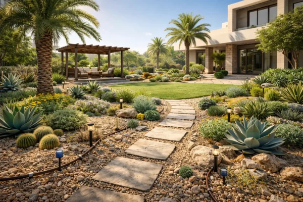 : Desert-inspired landscaping with stone pathways, tropical palms, and drought-resistant plants creating an eco-friendly garden design.