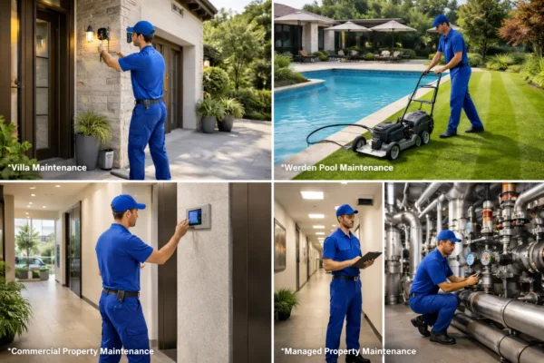 Maintenance technicians performing villa maintenance, swimming pool and lawn care, commercial property upkeep, and managed property maintenance in residential and commercial settings.