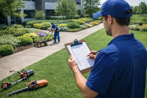 Commercial landscaper checking maintenance list while crew mows lawn in landscaped property.