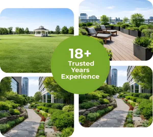 Collage of commercial landscaping services including lawns, rooftop gardens, and stone pathways.