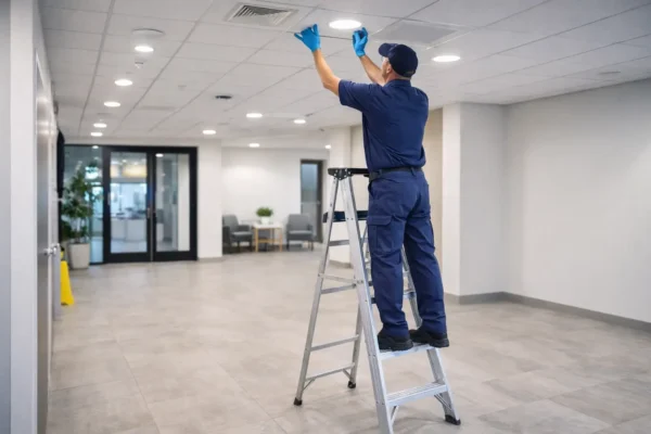 Maintenance worker on a ladder, fixing a ceiling light in a commercial property.