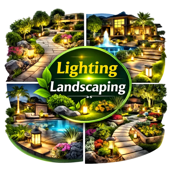 Creative lighting landscaping design featuring illuminated garden paths, plants, water features, and outdoor spaces at night