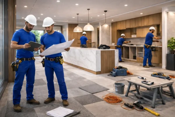 Workers reviewing blueprints and installing kitchen cabinetry as part of an office fitout project, with tools and construction materials visible in the workspace.