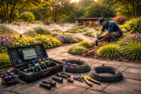 Landscaping technician installing a custom irrigation system with sprinkler lines, control panel, and tools in a landscaped garden.