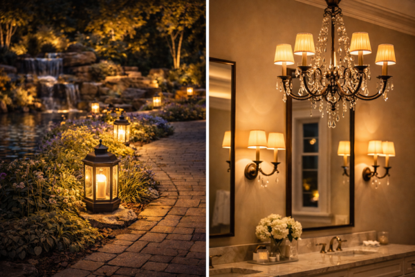 A split-screen image showing a stone garden path with glowing lanterns near a waterfall, and a luxurious bathroom with a crystal chandelier and warm wall sconces reflected in a mirror.
