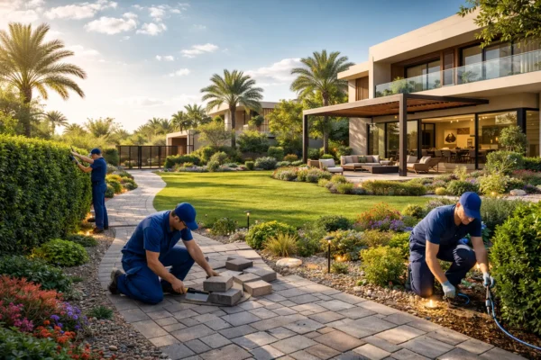 Landscaping team installing a stone pathway and working on garden maintenance in a lush residential garden with palm trees and flowering plants.