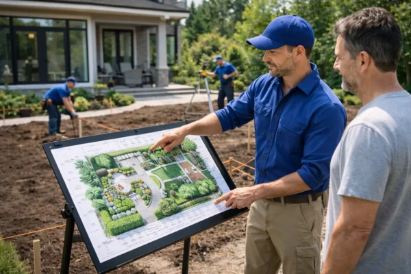 Landscape designer showing garden layout plan to client at residential property.