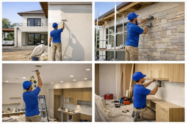 Workers carrying out different renovation tasks on the home, including exterior painting, stonework, and interior kitchen installation.