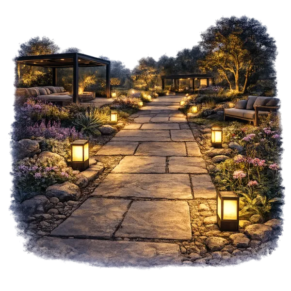Solar-powered garden path lights installed along a landscaped walkway with soft warm glow at dusk.