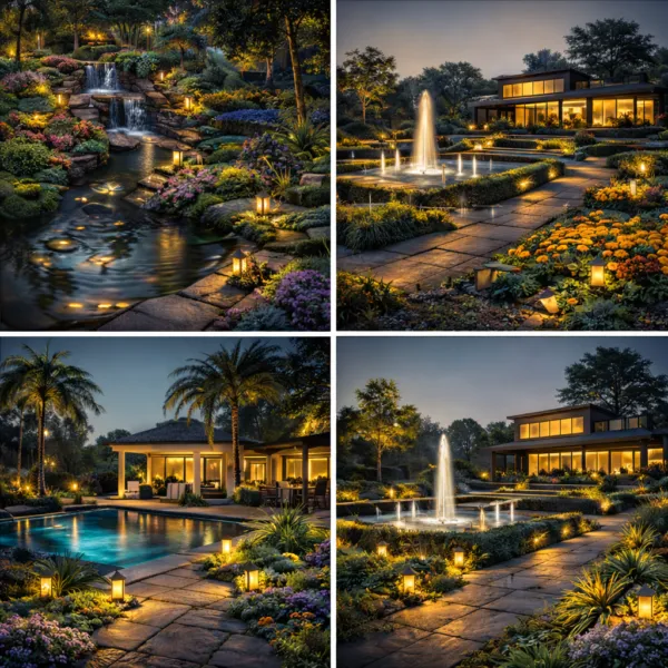 Four-panel collage of a luxury backyard at night with illuminated flower beds, a waterfall, a fountain, and a swimming pool area.