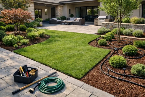 Professional garden landscaping with green lawn, irrigation system, and modern backyard patio design.