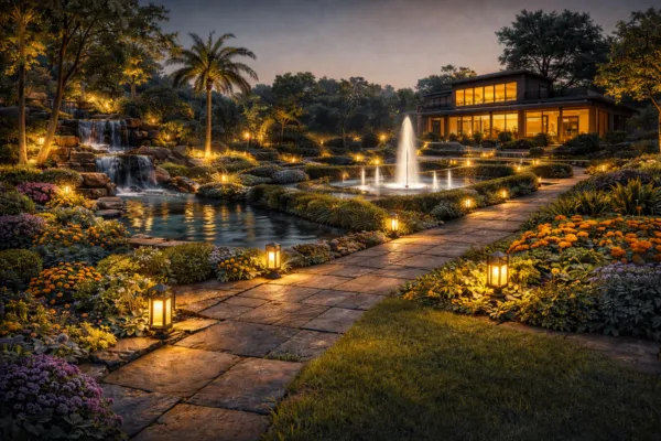 Illuminated luxury garden at night with stone walkways, a multi-tier waterfall, and a water fountain in front of a lit house.