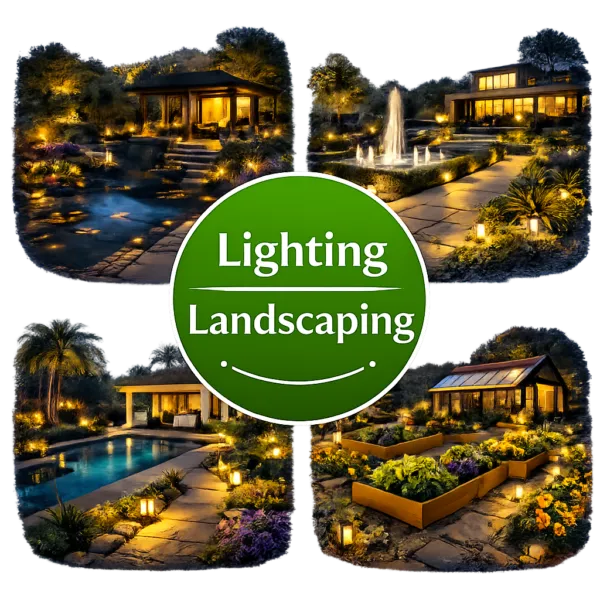 Public park at night with warm LED spotlights illuminating palm trees and a black traditional lamp post in the foreground