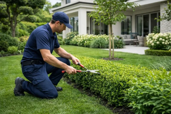 Gardener performing bush trimming for garden maintenance.