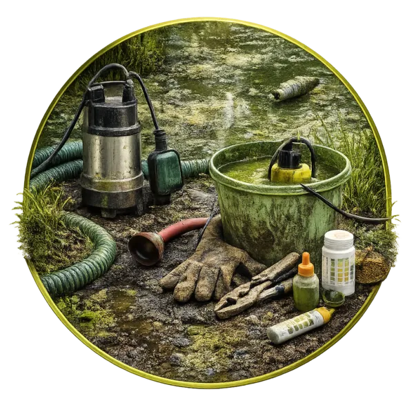 Water pump, hoses, gloves, and cleaning chemicals placed beside a pond with green stagnant water.