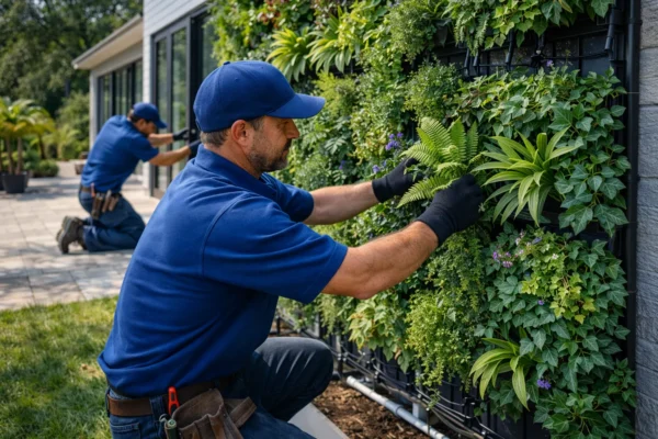 Worker installing plants on vertical garden green wall outside home.