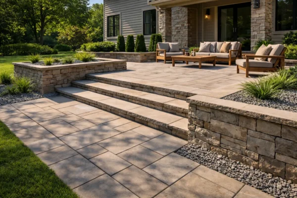 Luxury villa with stone paving, a narrow water feature, and palm trees.