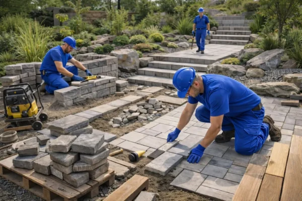 Landscaping workers installing interlocking stone pavers on a garden pathway and laying patio blocks outdoors.