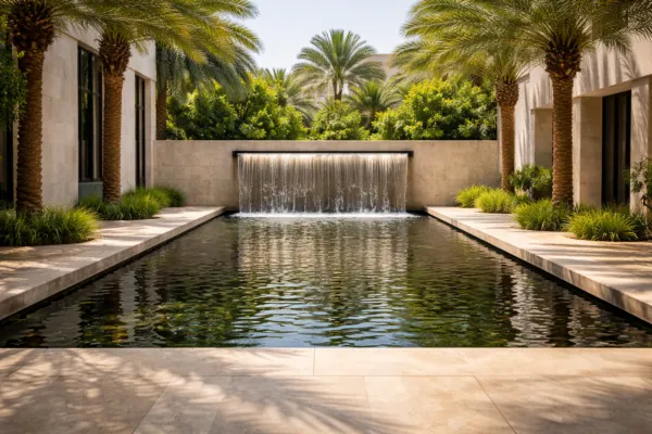 Rectangular reflecting pool with wall-mounted waterfall surrounded by palm trees in a contemporary courtyard.