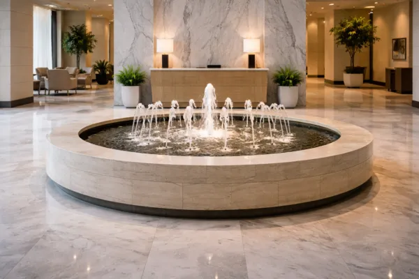 Circular indoor water fountain with multiple jets installed in a modern marble lobby.