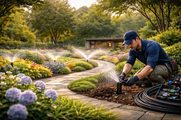 Landscaping professional installing a drip irrigation system along a stone garden pathway with sprinkler system watering colorful flower beds.