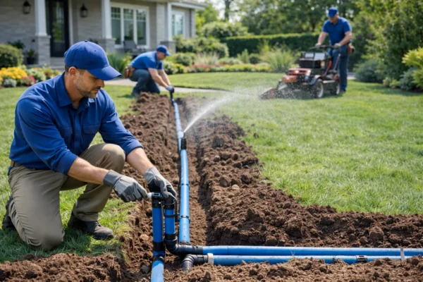 Workers installing irrigation piping and sprinkler system in residential garden lawn.