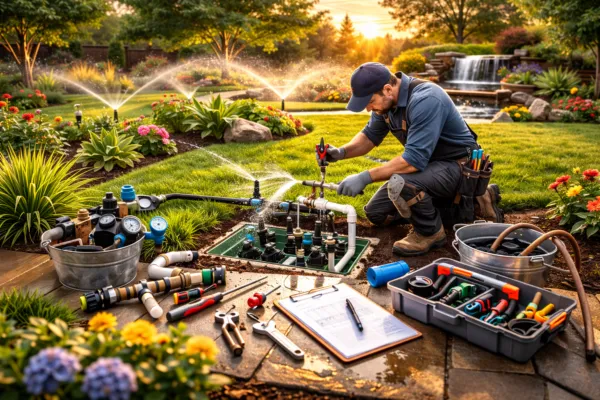 Technician performing maintenance on a garden irrigation control system with sprinklers running across a landscaped lawn.