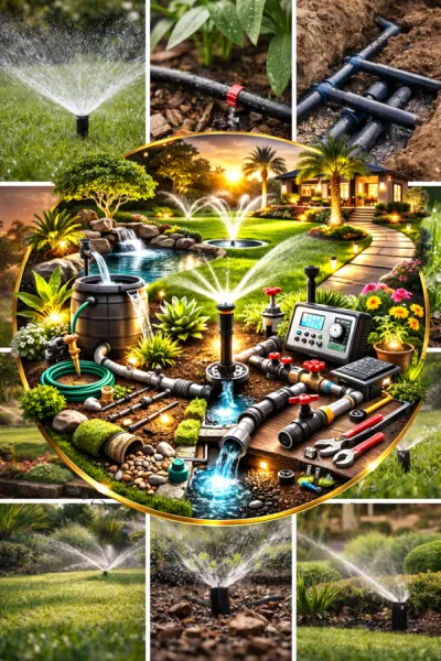 Illustration of a full garden irrigation system showing sprinklers, drip lines, water tank, pipes, valves, and control unit in a landscaped yard.