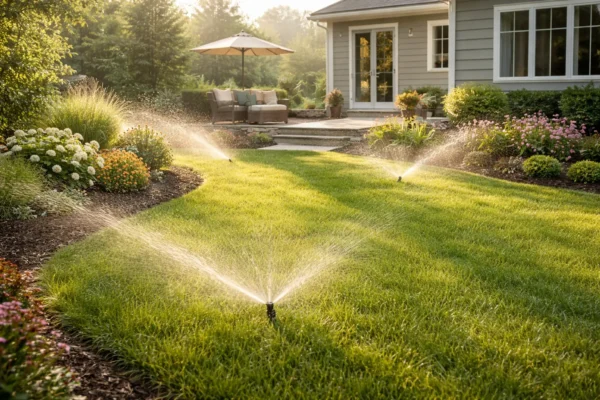 Automatic sprinklers watering a green lawn and garden beds.