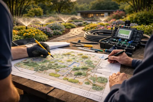 Technicians reviewing a detailed garden irrigation layout plan with sprinkler zones, drip lines, and control system equipment.