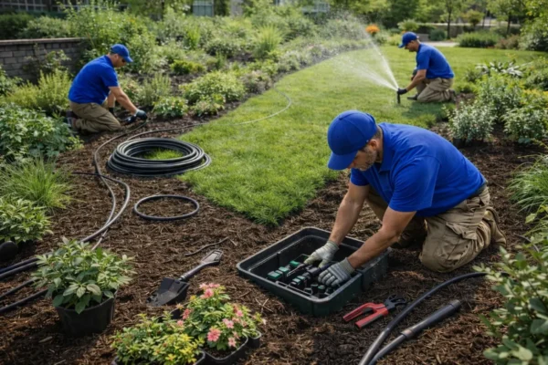 Professional landscapers installing an irrigation system and sprinkler setup in a commercial garden.
