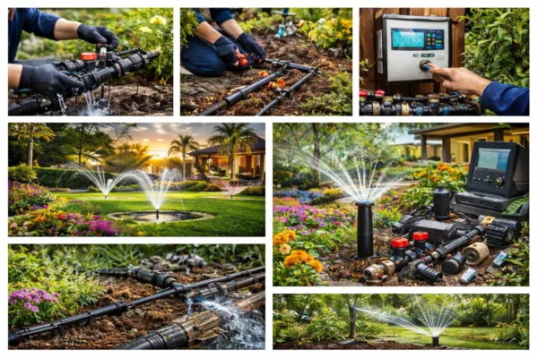 Collage of irrigation pipe installation, sprinkler system setup, controller programming, and garden watering in landscaped areas.