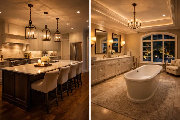 Modern kitchen with pendant and recessed lighting beside a luxury bathroom featuring chandelier lighting, freestanding bathtub, and warm ambient illumination