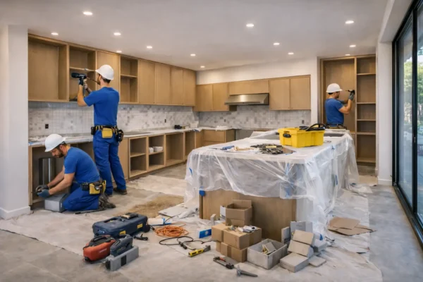 : Workers installing kitchen cabinets, assembling shelves, and organizing tools in a newly renovated kitchen with modern finishes.