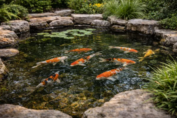 Colorful koi fish swimming in a landscaped garden pond surrounded by natural stone edging and aquatic plants.