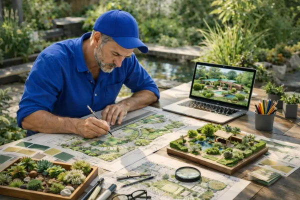 Landscape designer drawing garden plan with plants and outdoor layout design on desk.
