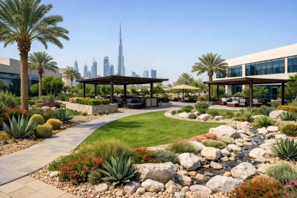 Modern landscaped garden with lawn, rocks, plants, and seating area in a commercial property.