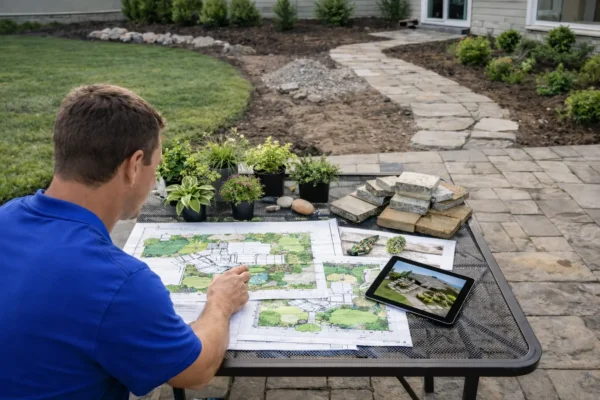 Landscaper planning outdoor space design with tablet and sketches, plants, and stone materials visible.
